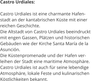 Castro Urdiales:  Castro Urdiales ist eine charmante Hafen- stadt an der kantabrischen Kste mit einer  reichen Geschichte.  Die Altstadt von Castro Urdiales beeindruckt  mit engen Gassen, Pltzen und historischen  Gebuden wie der Kirche Santa Mara de la  Asuncin.  Die Kstenpromenade und der Hafen ver- leihen der Stadt eine maritime Atmosphre.  Castro Urdiales ist auch fr seine lebendige  Atmosphre, lokale Feste und kulinarischen  Kstlichkeiten bekannt.